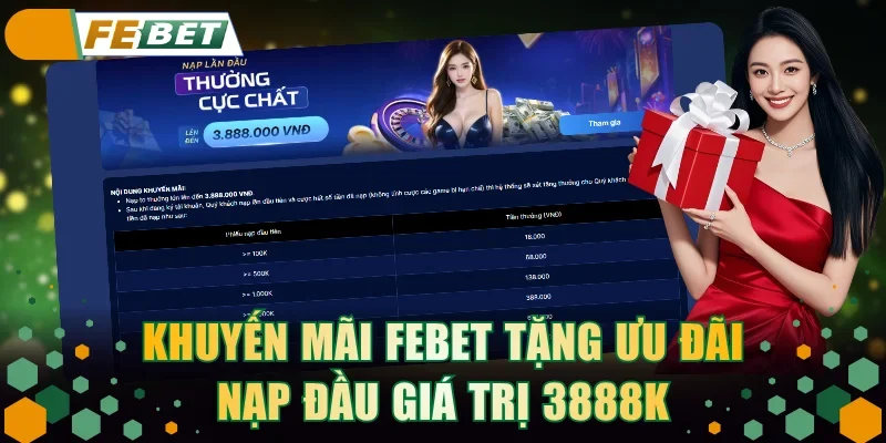 Khuyến mãi FEBET tặng ưu đãi nạp đầu giá trị 3888K